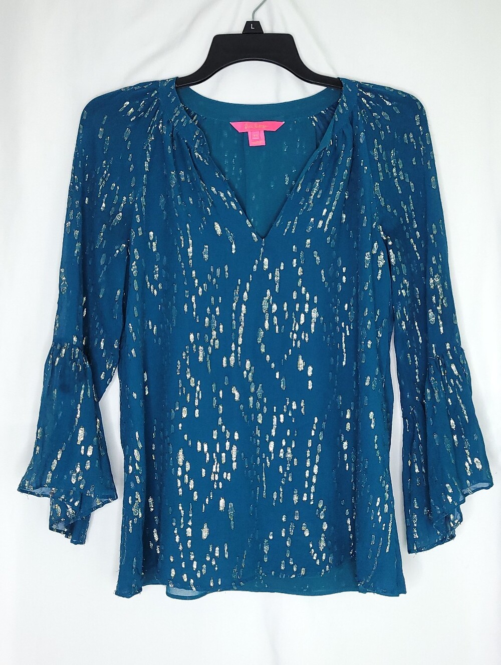 LILLY PULITZER Silk Matilda Top In Inky Tidal Teal With Metallic Print XS